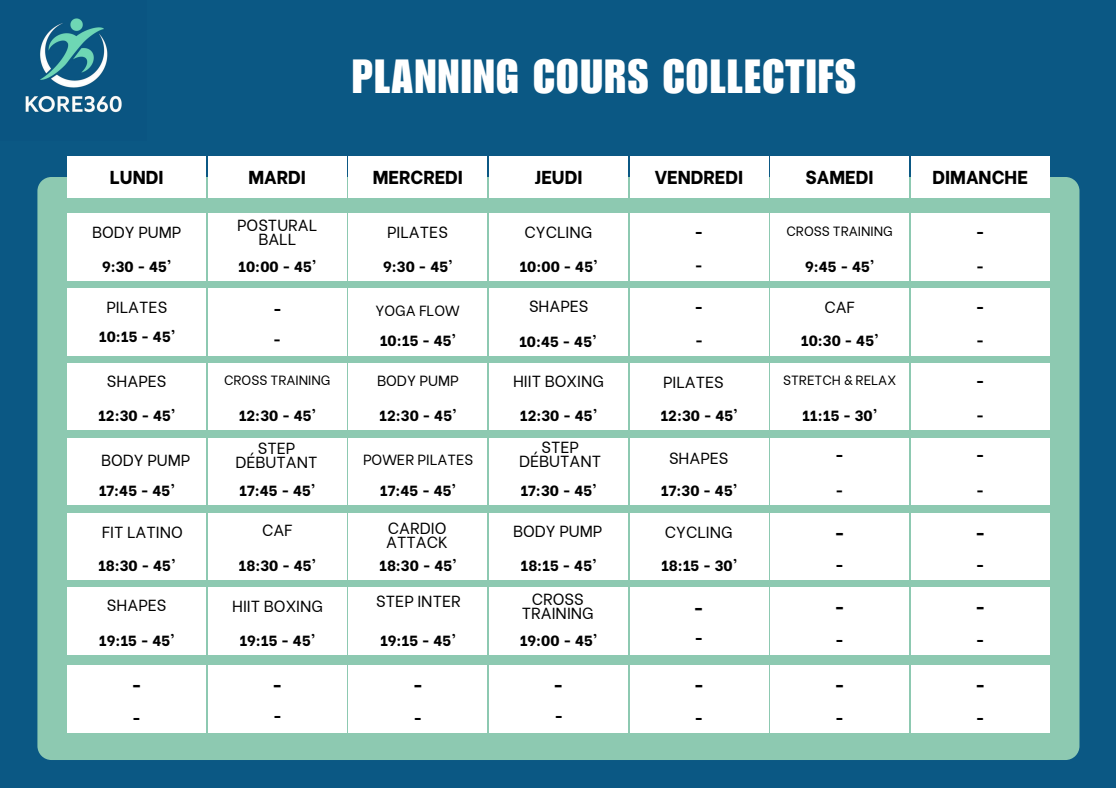 Planning des cours collectifs Kore360 — Val-de-Reuil
