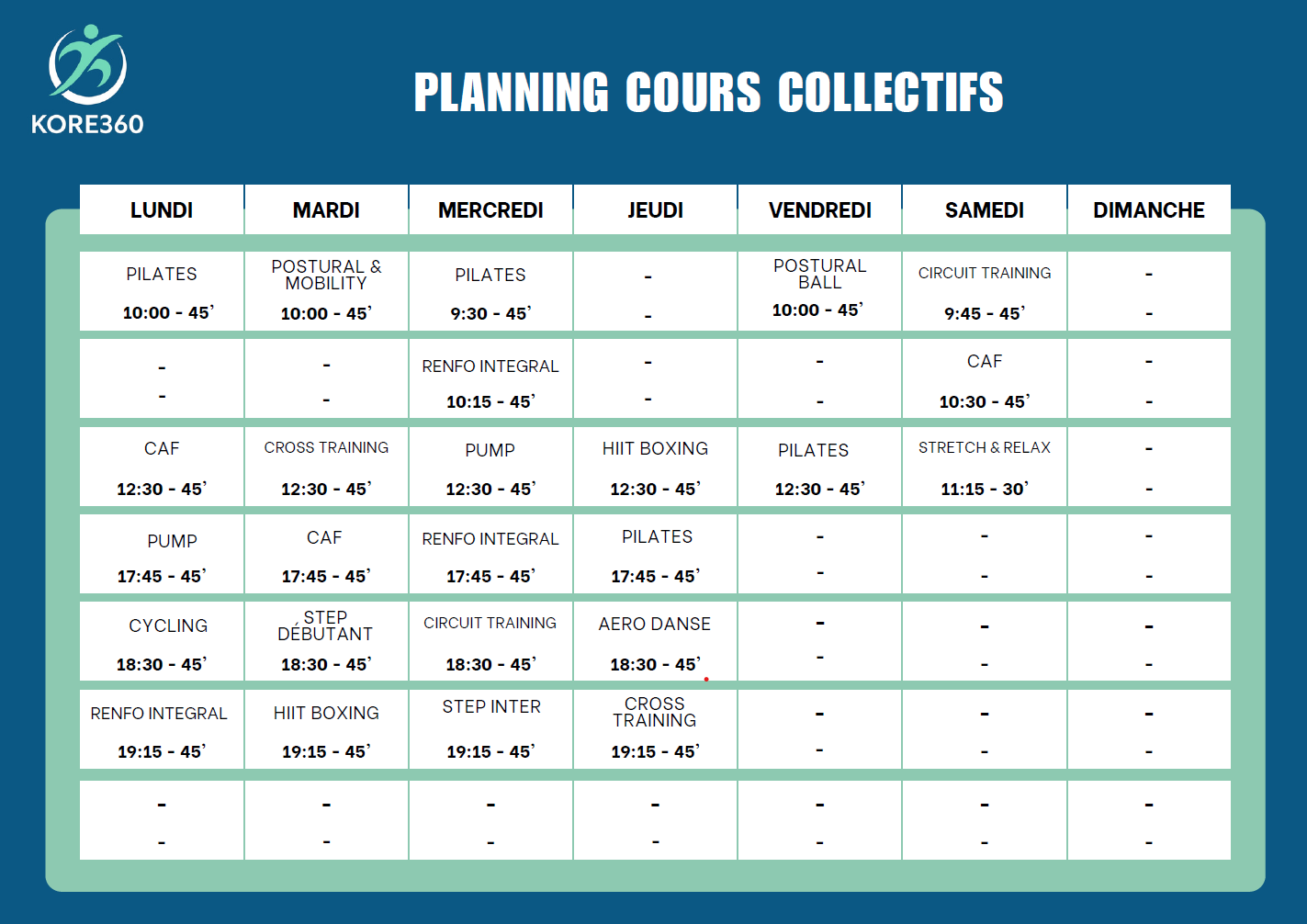 Planning des cours collectifs Kore360 — Val-de-Reuil